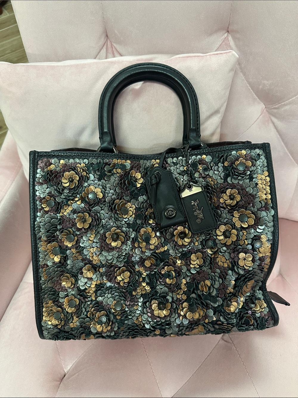 Coach Black Sequin Floral Satchel